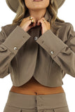 Completo due pezzi tortora giacca cropped e pantaloni palazzo