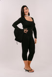 SET TRE PEZZI BRENDA NERO CON MAGLIA CORTA,BUSTINO E LEGGINGS CAPRI