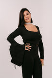 SET TRE PEZZI BRENDA NERO CON MAGLIA CORTA,BUSTINO E LEGGINGS CAPRI