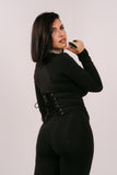 SET TRE PEZZI BRENDA NERO CON MAGLIA CORTA,BUSTINO E LEGGINGS CAPRI