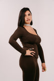 SET TRE PEZZI BRENDA MARRONE CON MAGLIA CORTA,BUSTINO E LEGGINGS CAPRI