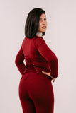 SET TRE PEZZI BRENDA BORDEAUX CON MAGLIA CORTA,BUSTINO E LEGGINGS CAPRI