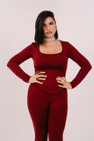 SET TRE PEZZI BRENDA BORDEAUX CON MAGLIA CORTA,BUSTINO E LEGGINGS CAPRI