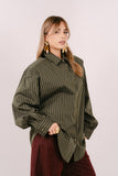 CAMICIA PERLA VERDE MARRONE OVERSIZE RIGATA CON SPALLINE IMBOTTITE TAGLIA UNICA JUST WEST