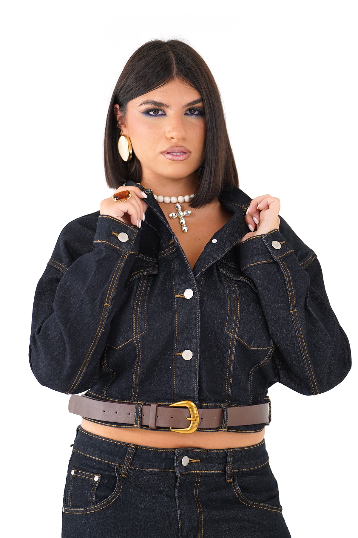 Coordinato in jeans Giacca Cropped e Jeans Wide Leg