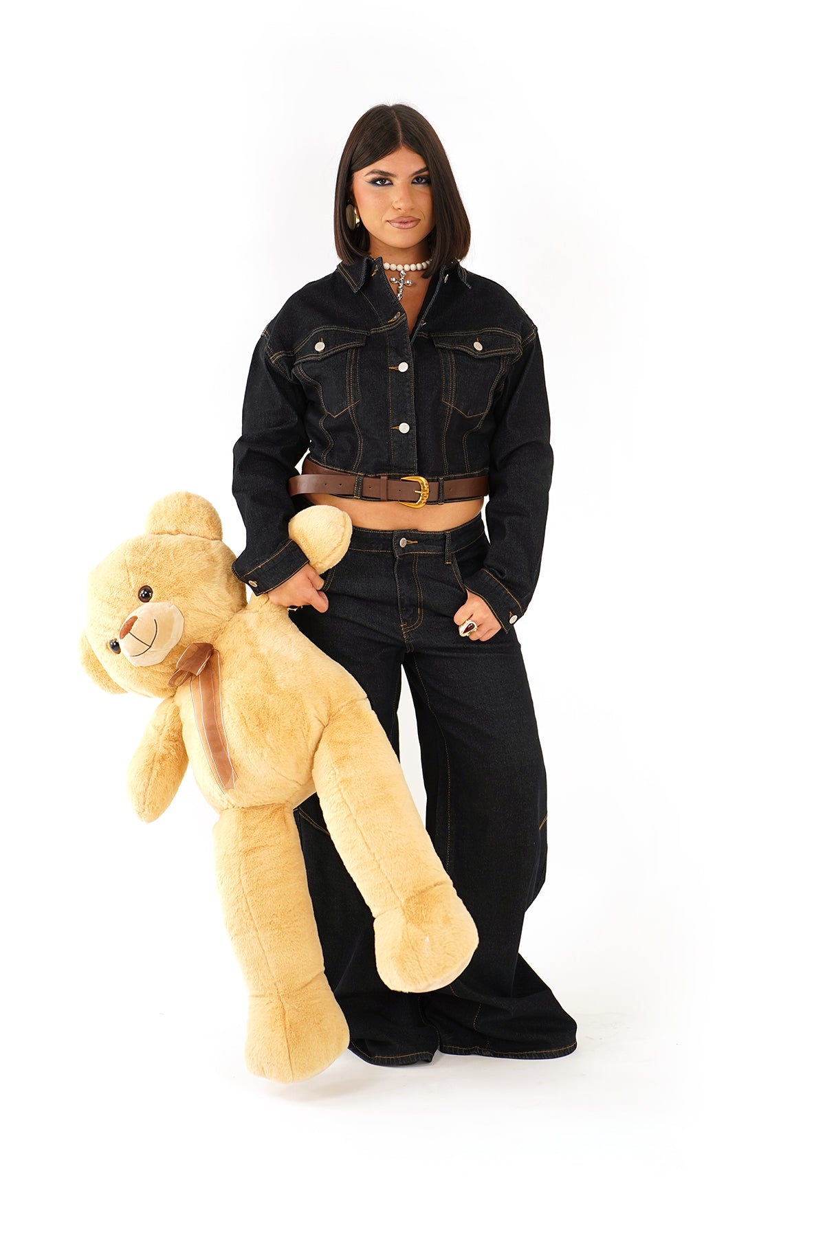 Coordinato in jeans Giacca Cropped e Jeans Wide Leg