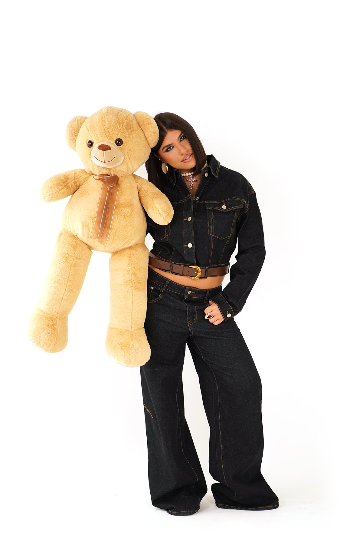 Coordinato in jeans giacca cropped e jeans wide leg blu black