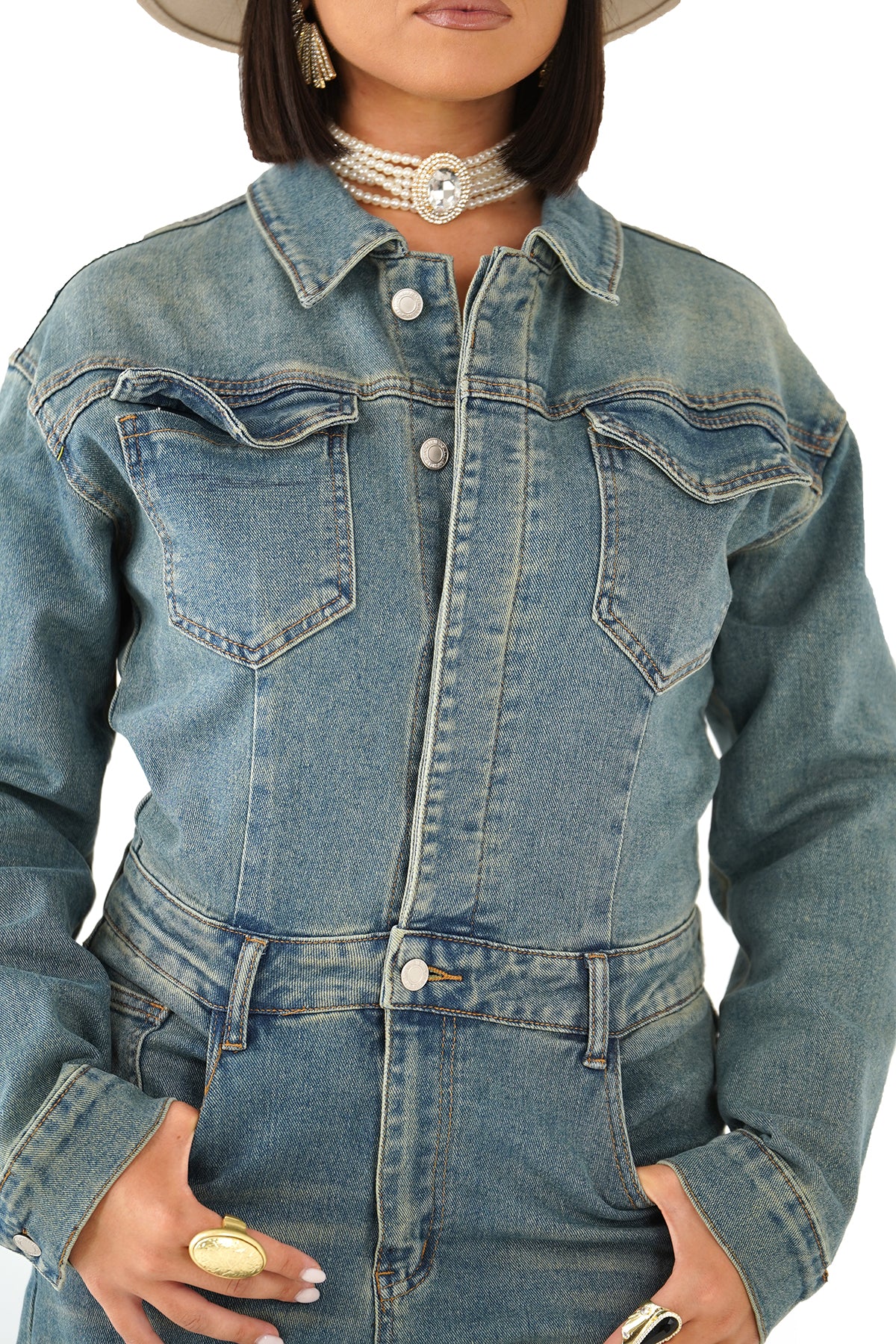 Tutone in jeans Wide Leg Jumpsuit Elegante con Zip