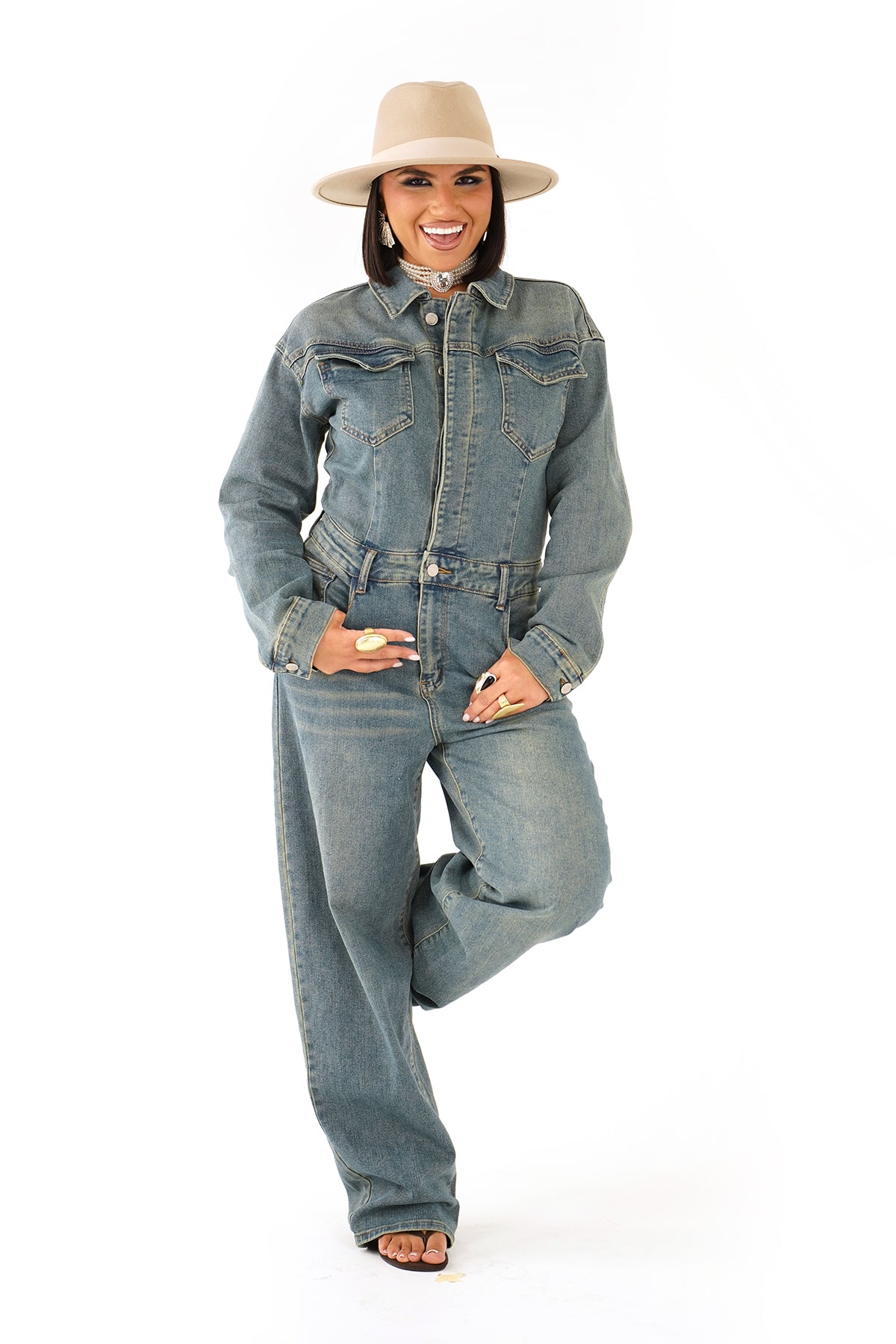Tutone in jeans Wide Leg Jumpsuit Elegante con Zip