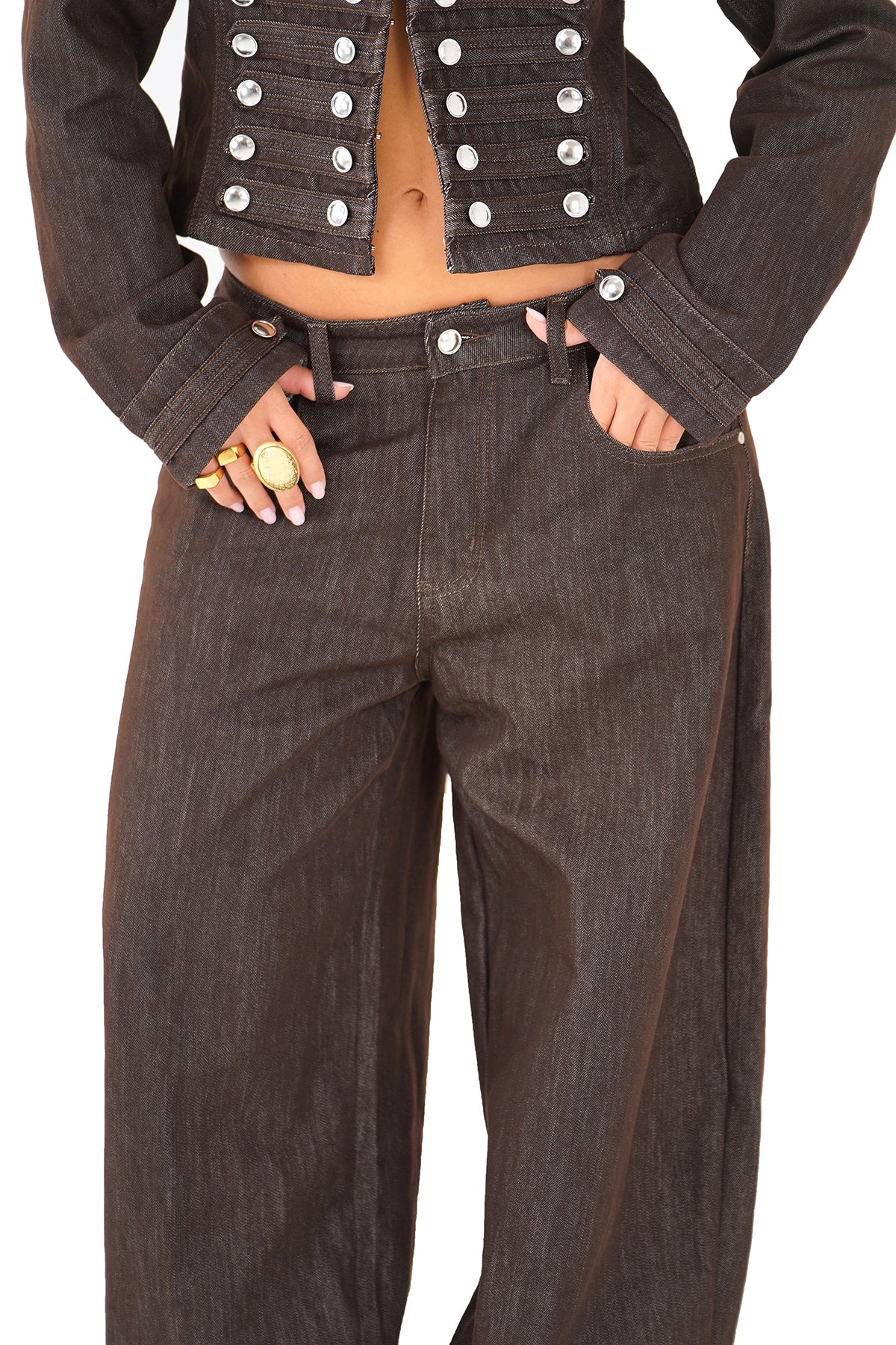 Coordinato denim circense giacca corta e pantaloni wide leg