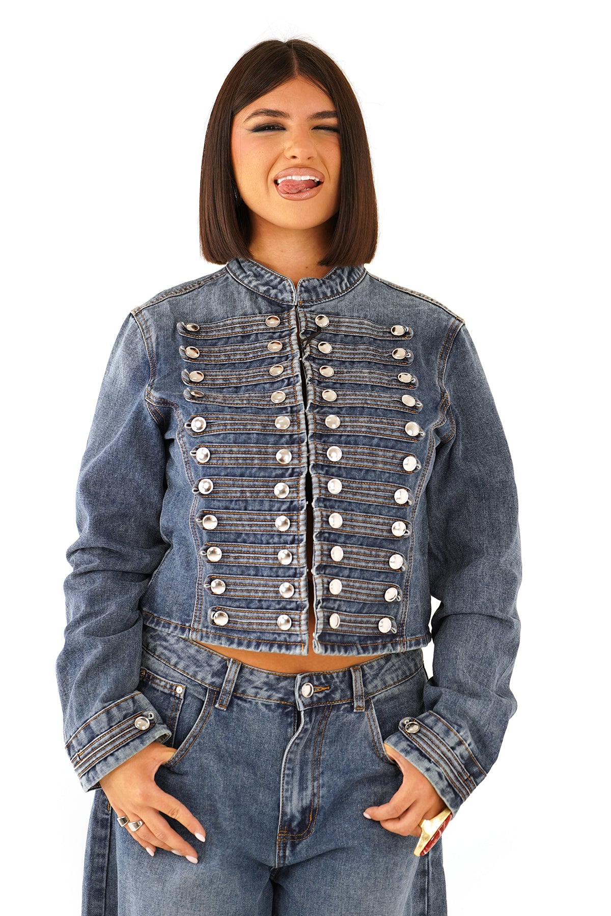 Coordinato denim circense giacca corta e pantaloni wide leg