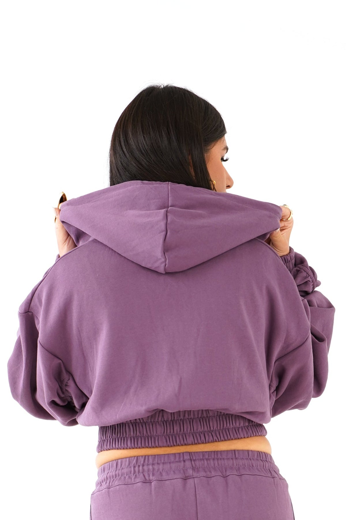 TUTA CALLIOPE VIOLA CON CAPPUCCIO E MANICHE ARRICCIATE