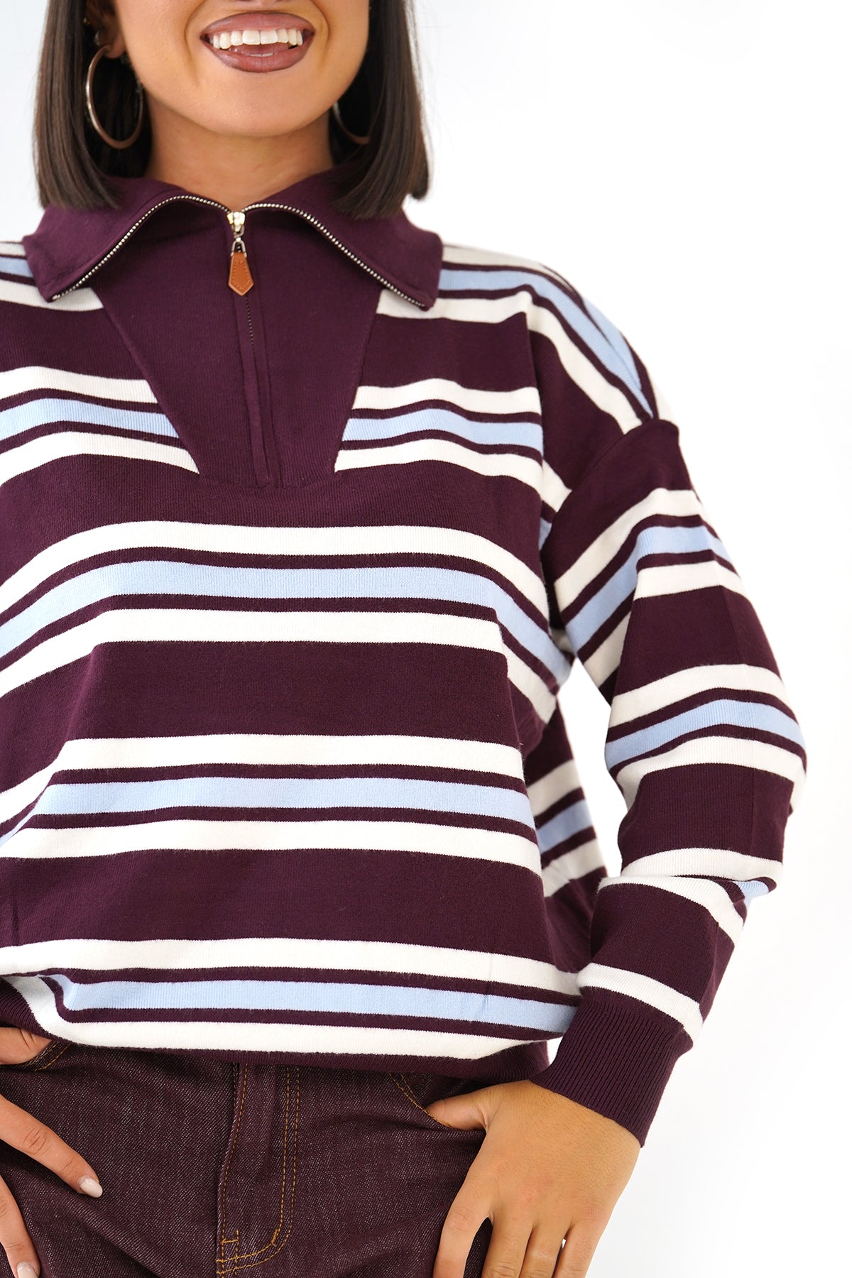 MAGLIONCINO ALMA RIGATO BORDEAUX/CELESTE CON ZIP