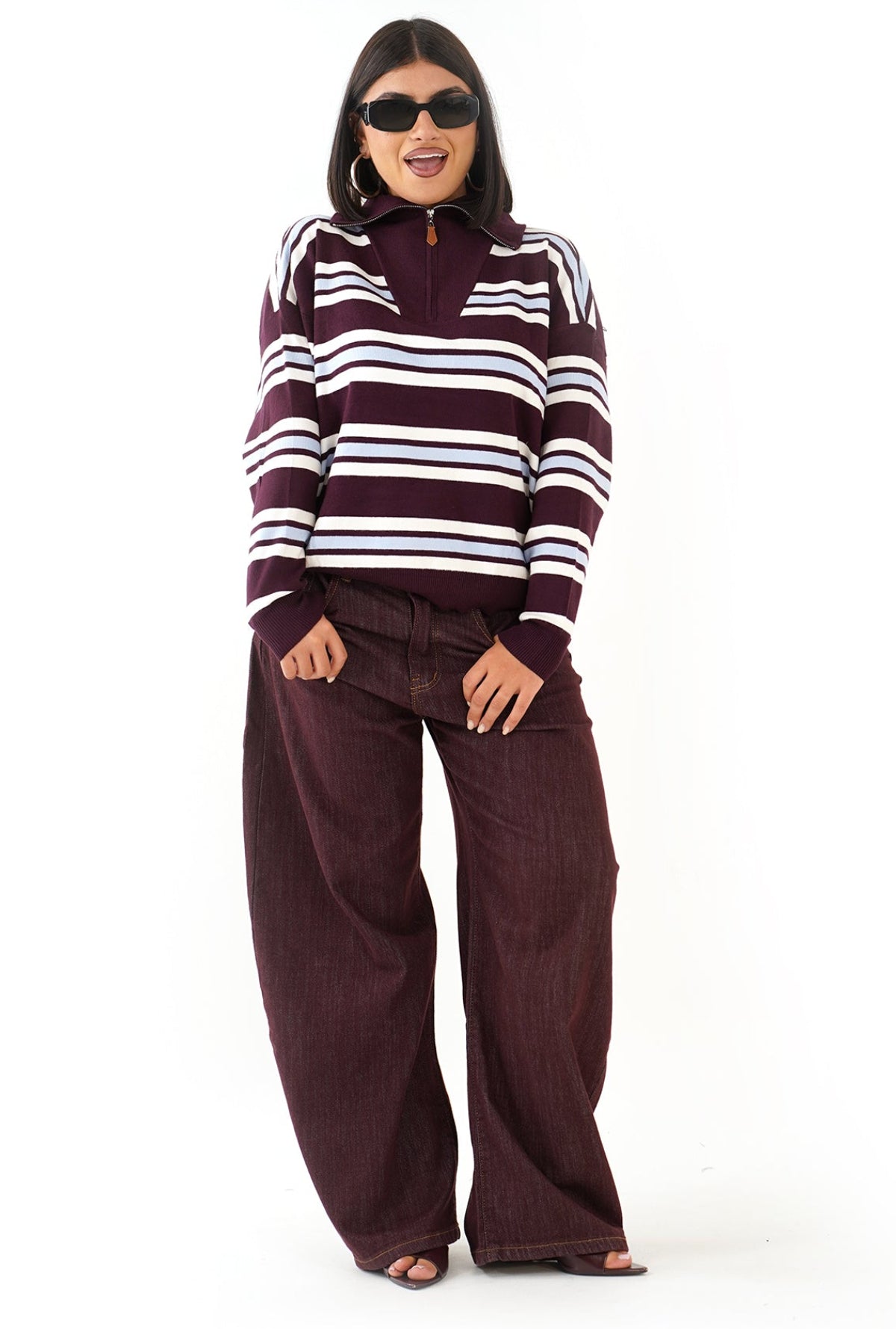 MAGLIONCINO ALMA RIGATO BORDEAUX/CELESTE CON ZIP
