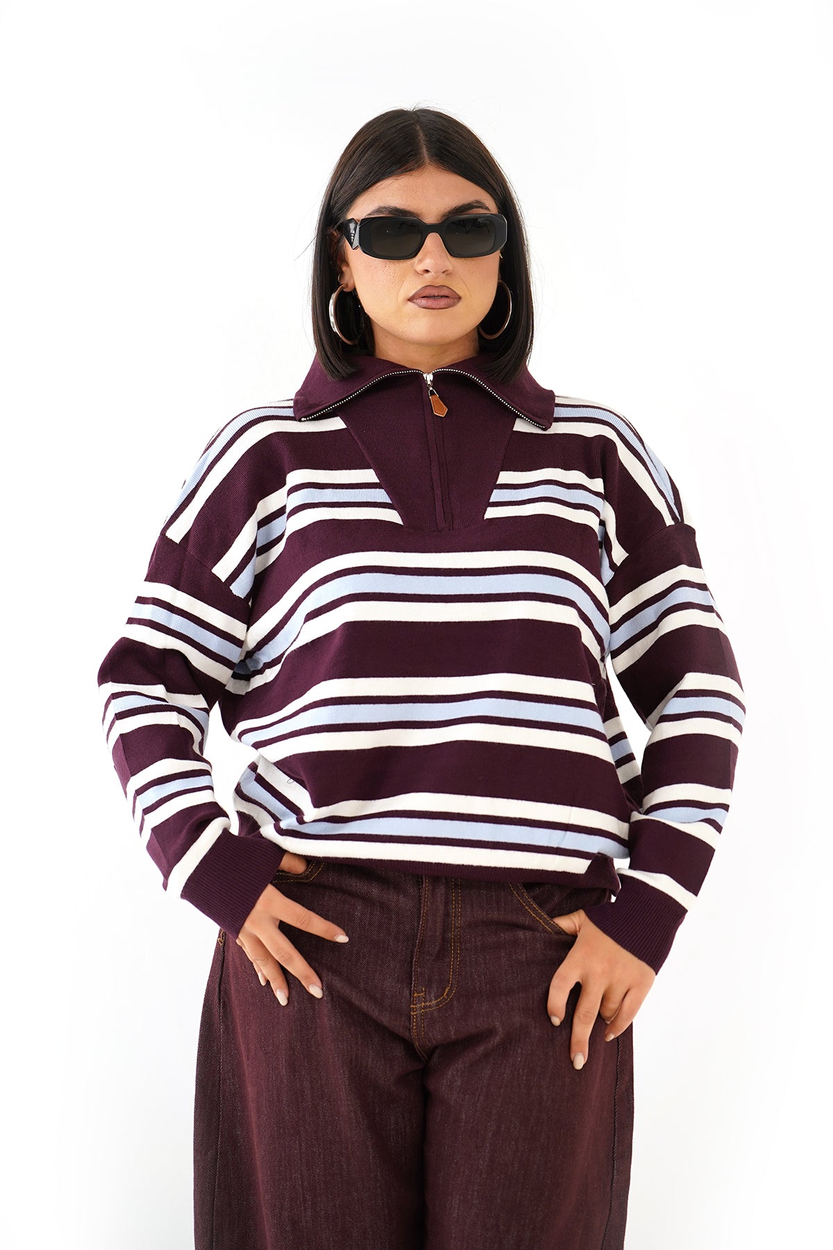 MAGLIONCINO ALMA RIGATO BORDEAUX/CELESTE CON ZIP