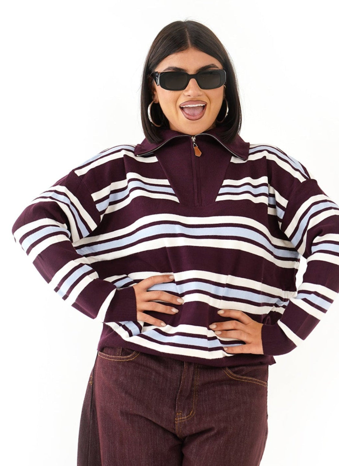 MAGLIONCINO ALMA RIGATO BORDEAUX/CELESTE CON ZIP