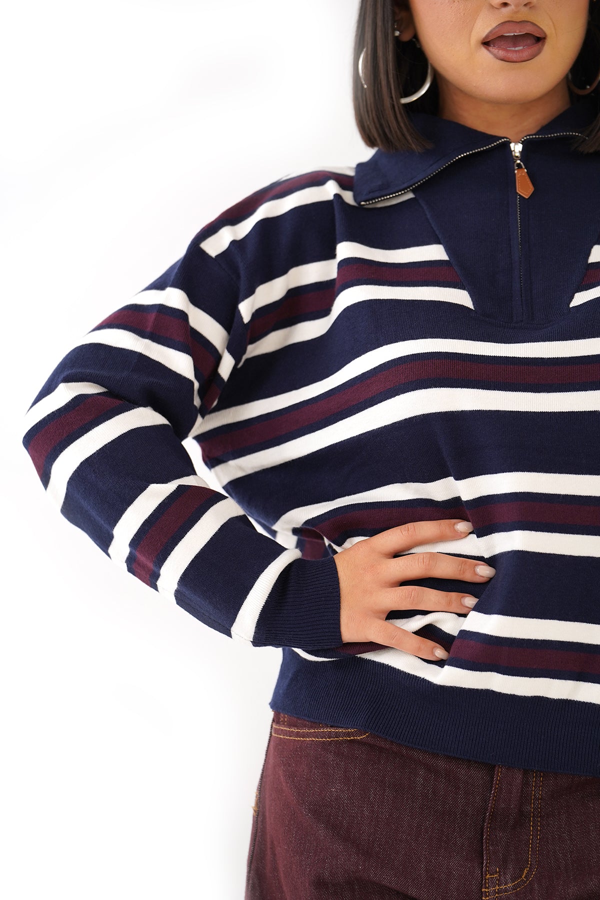 MAGLIONCINO ALMA RIGATO BLU/BORDEAUX CON ZIP