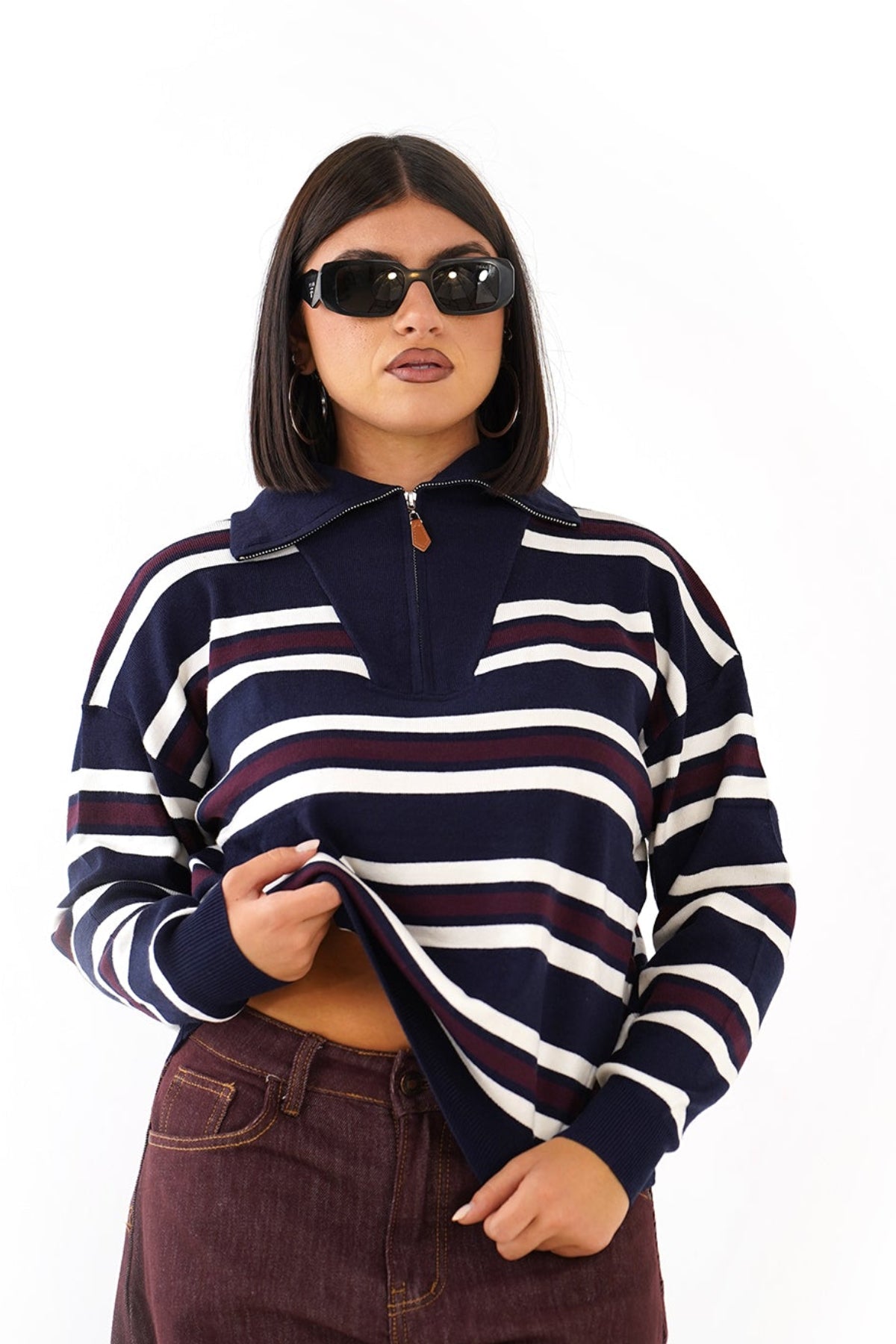 MAGLIONCINO ALMA RIGATO BLU/BORDEAUX CON ZIP