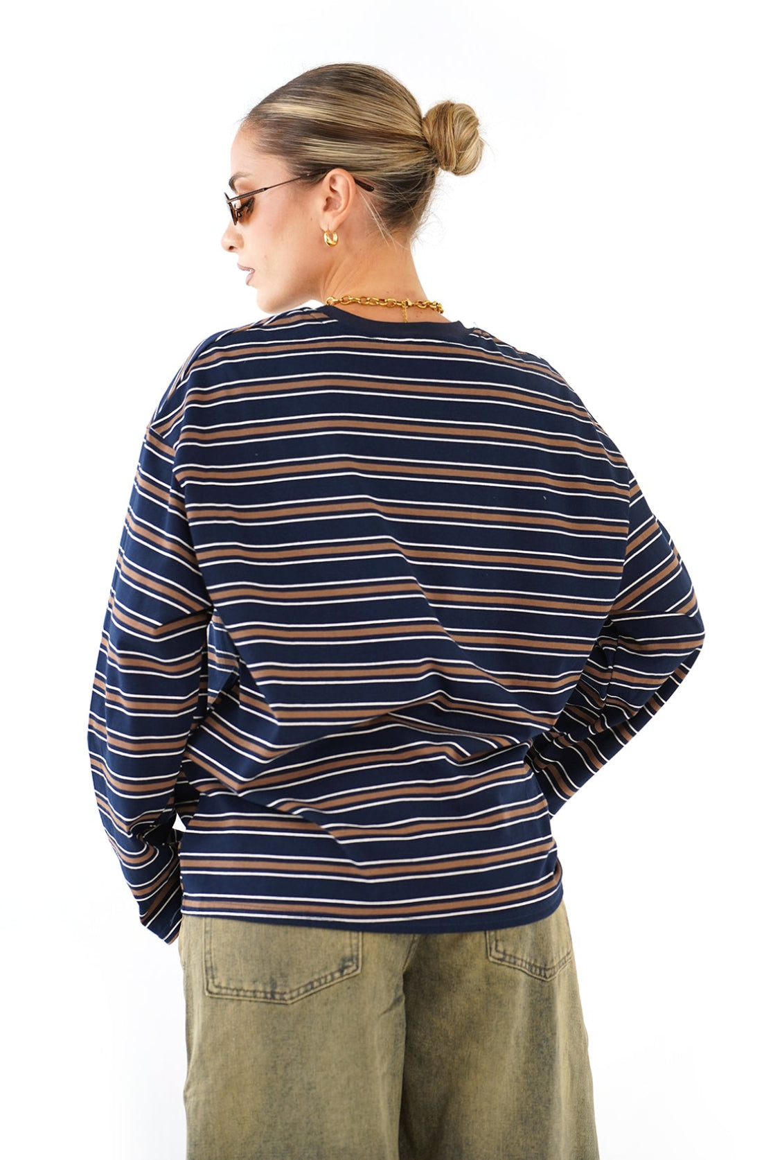T-SHIRT TAYLOR  RIGATA BLU/MARRONE MANICHE LUNGHE
