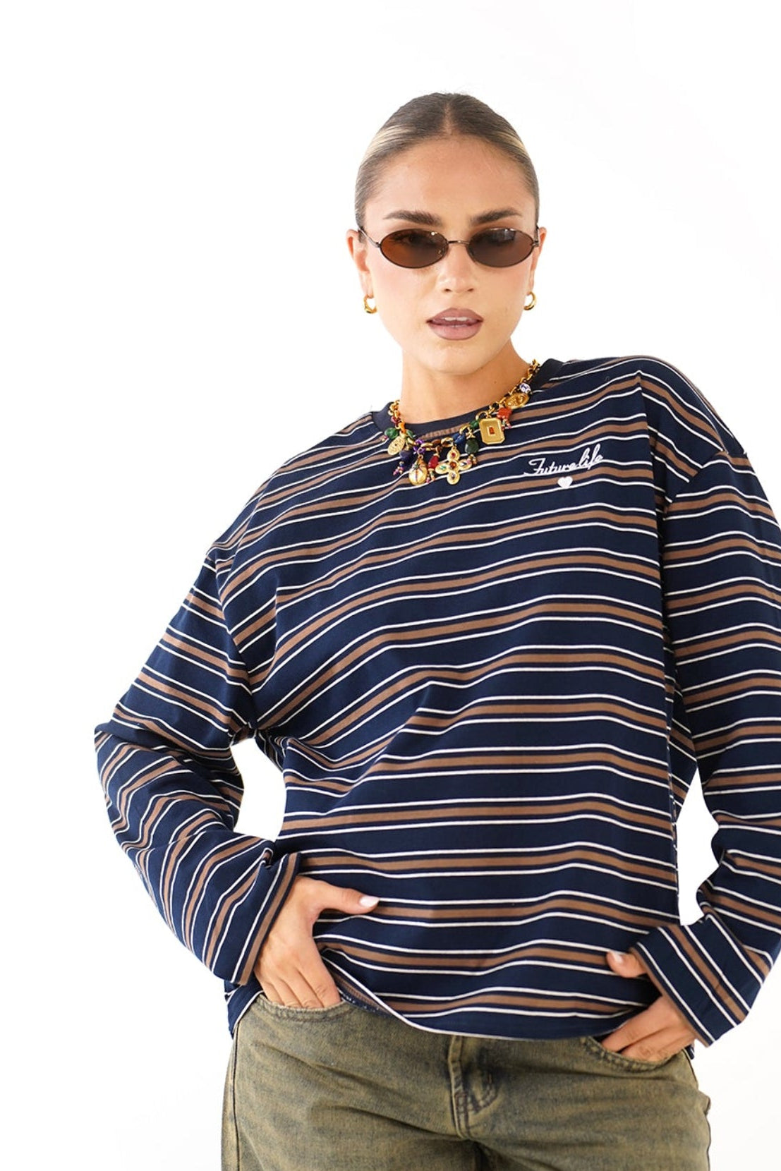 T-SHIRT TAYLOR  RIGATA BLU/MARRONE MANICHE LUNGHE