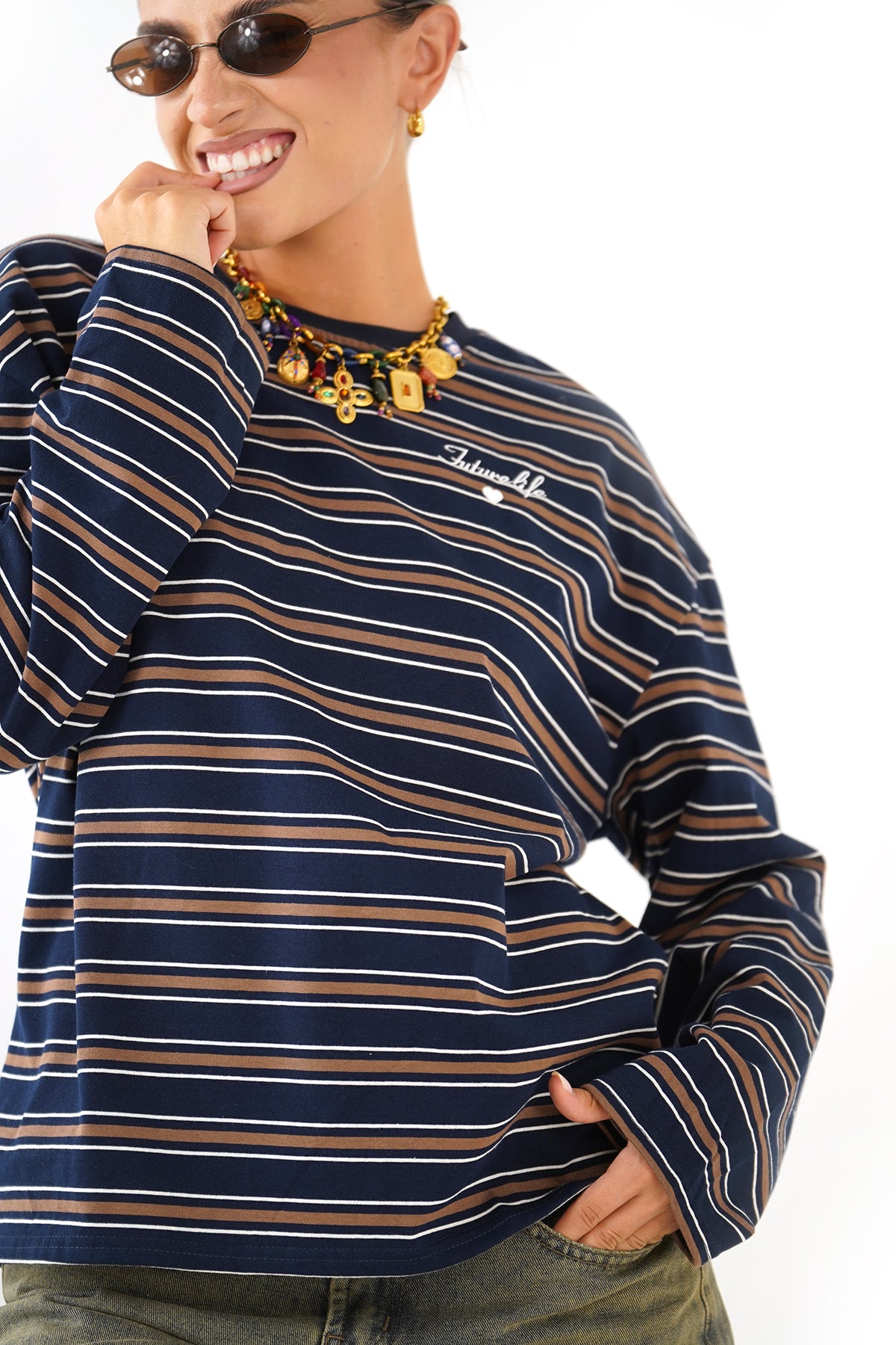 T-SHIRT TAYLOR  RIGATA BLU/MARRONE MANICHE LUNGHE