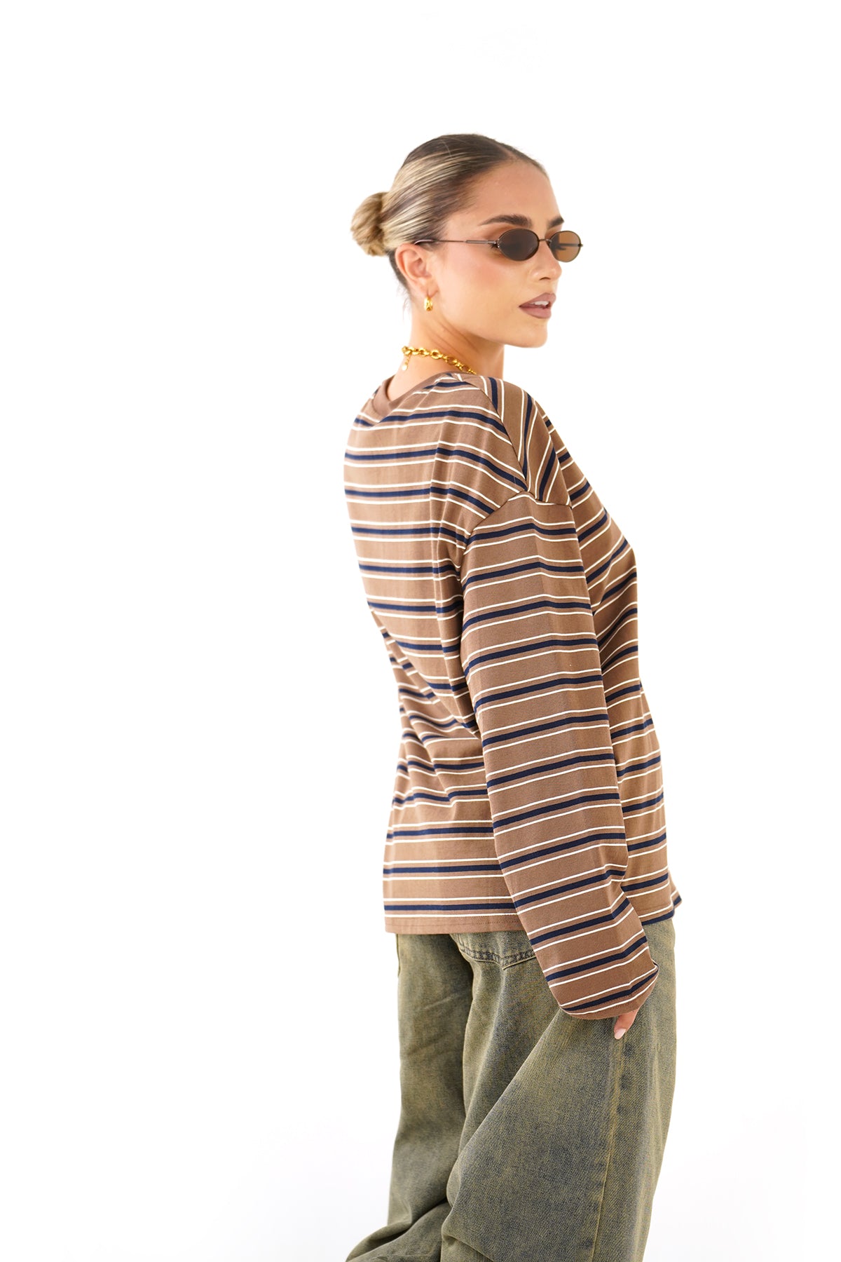 T-SHIRT TAYLOR RIGATA MARRONE/BLU MANICHE LUNGHE