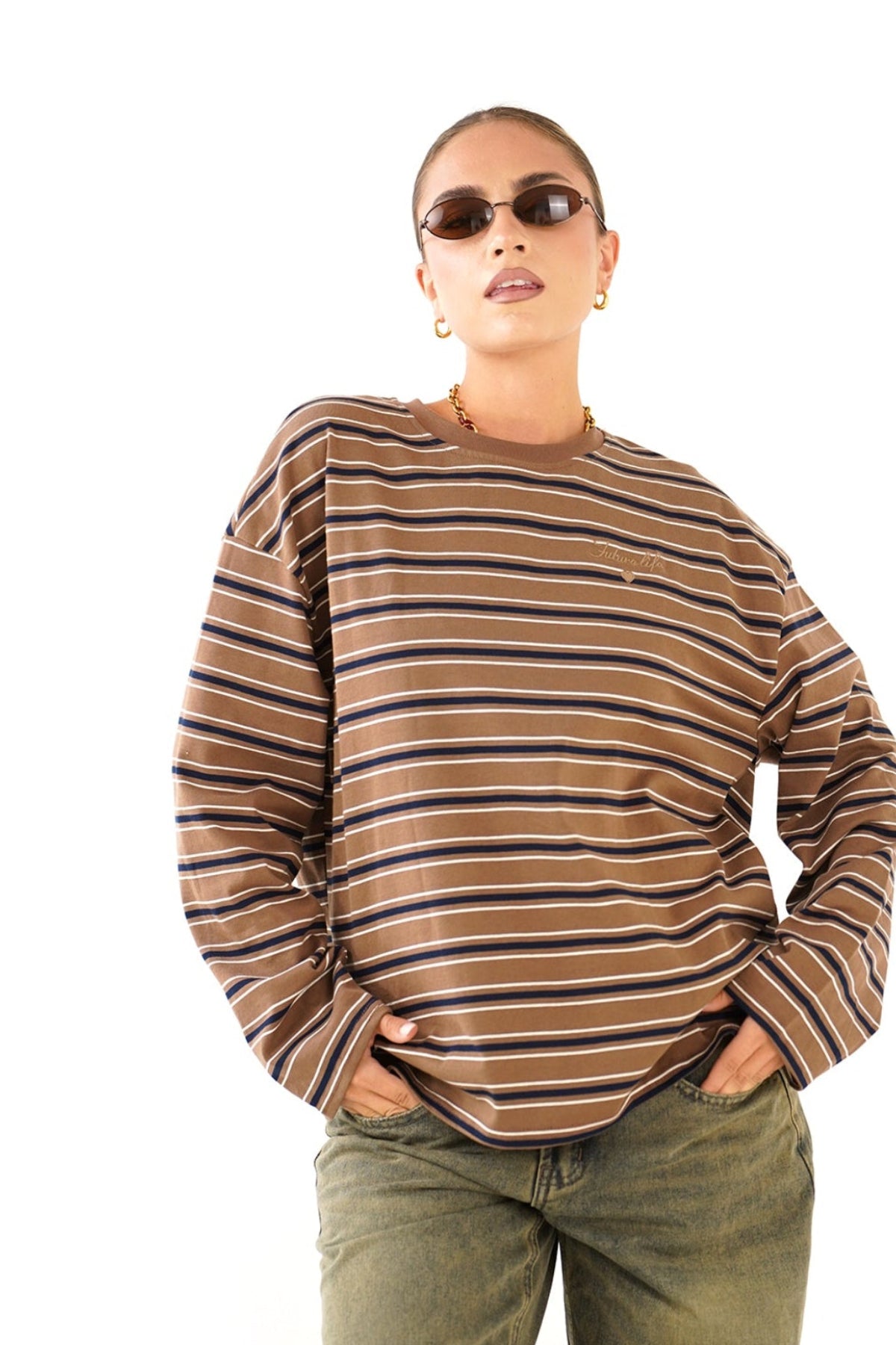 T-SHIRT TAYLOR RIGATA MARRONE/BLU MANICHE LUNGHE