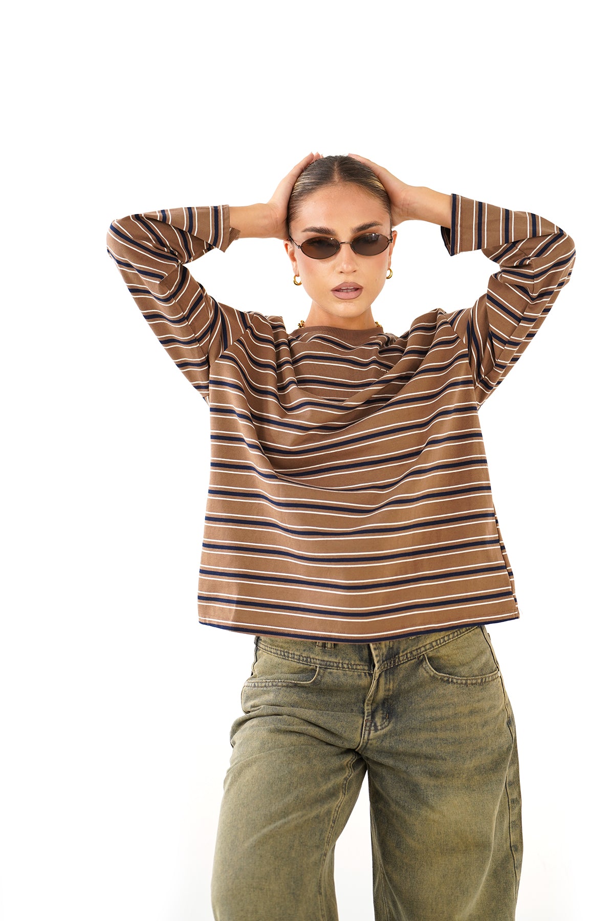 T-SHIRT TAYLOR RIGATA MARRONE/BLU MANICHE LUNGHE