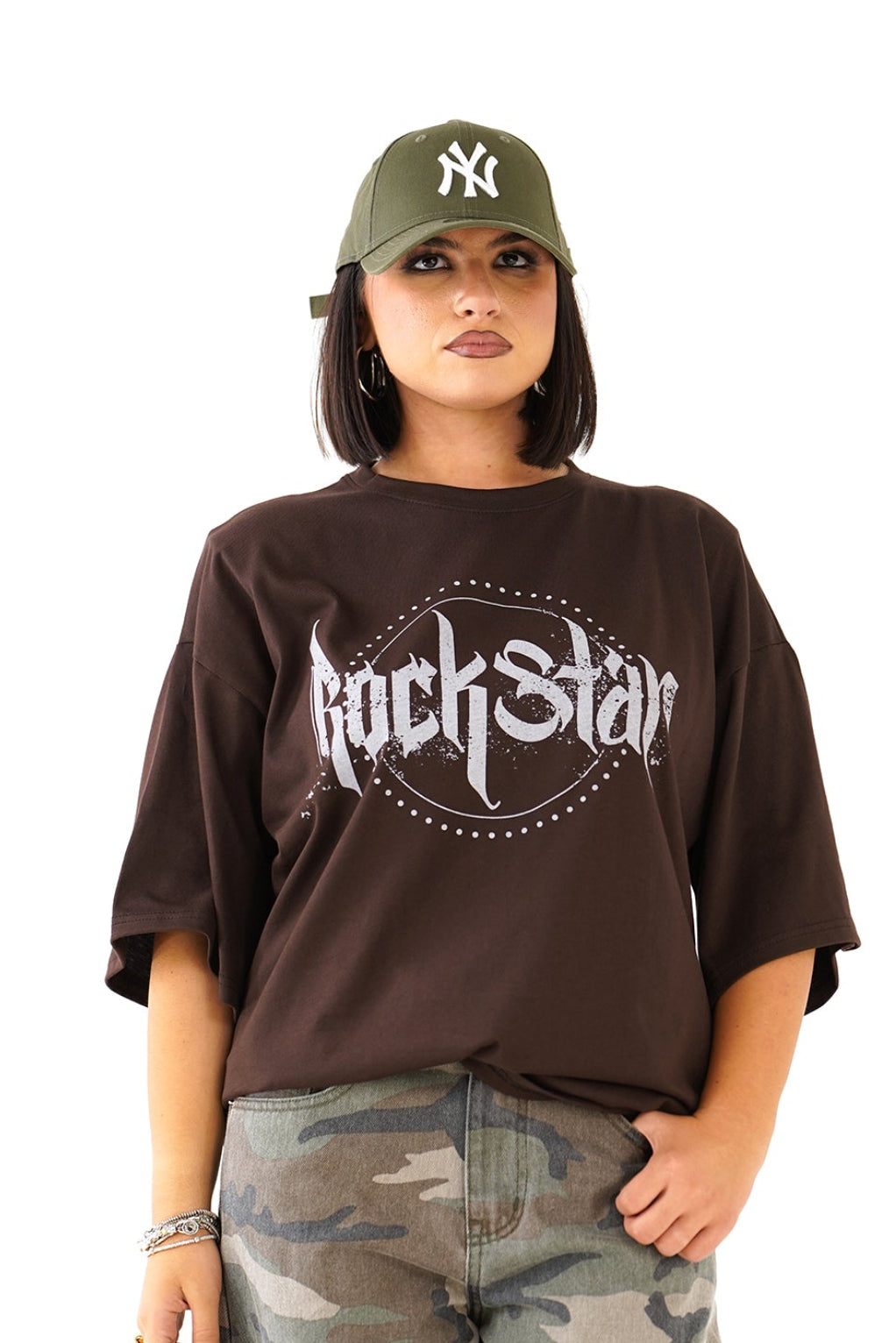 T-SHIRT ROCKSTAR MARRONE CON SPALLINE MEZZA MANICA