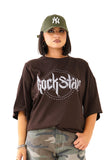 T-SHIRT ROCKSTAR MARRONE CON SPALLINE MEZZA MANICA