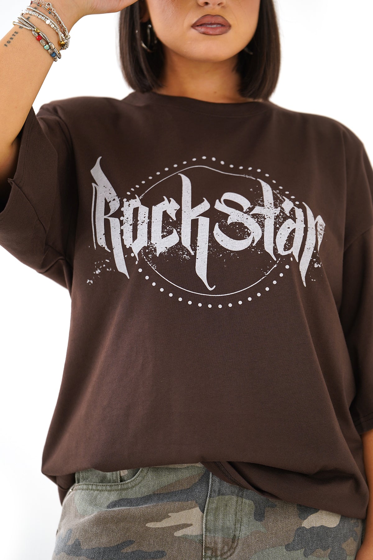 T-SHIRT ROCKSTAR MARRONE CON SPALLINE MEZZA MANICA