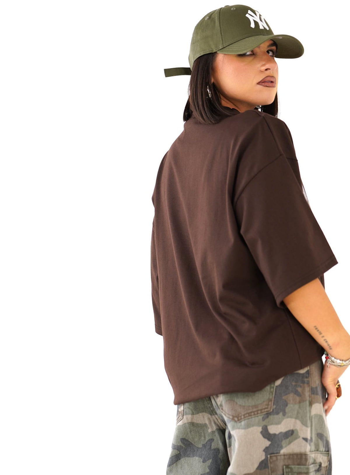 T-SHIRT ROCKSTAR MARRONE CON SPALLINE MEZZA MANICA