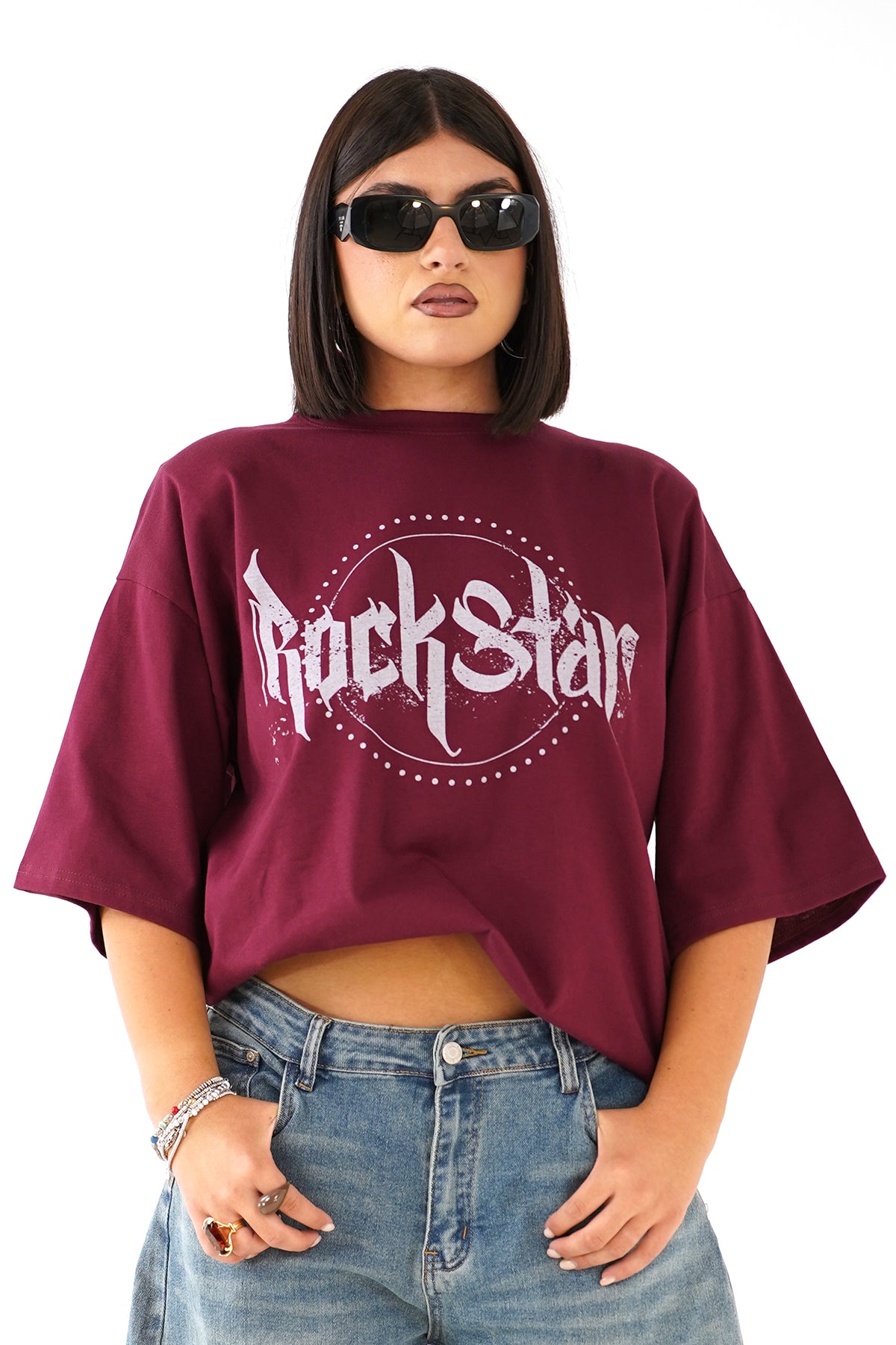 T-SHIRT ROCKSTAR BORDEAUX CON SPALLINE MEZZA MANICA