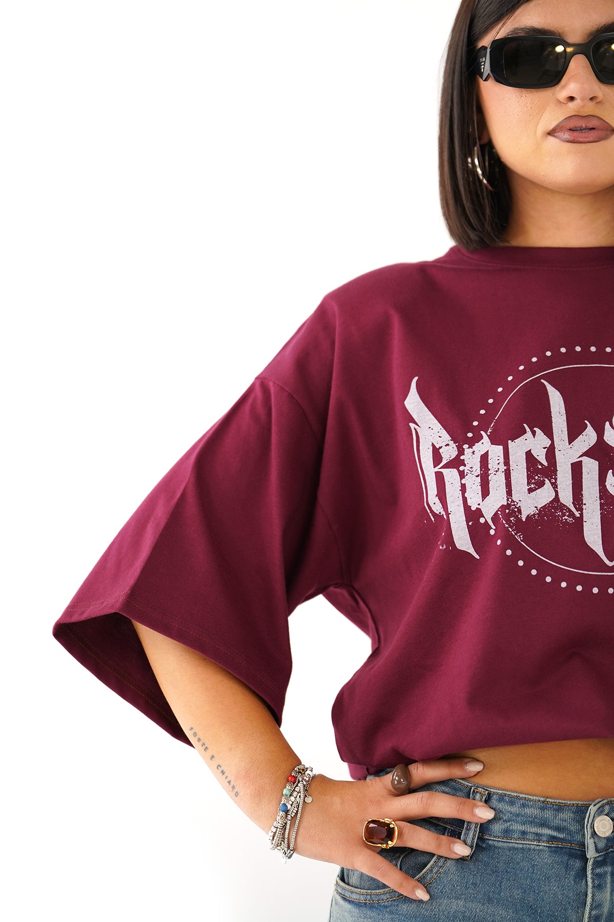 T-SHIRT ROCKSTAR BORDEAUX CON SPALLINE MEZZA MANICA