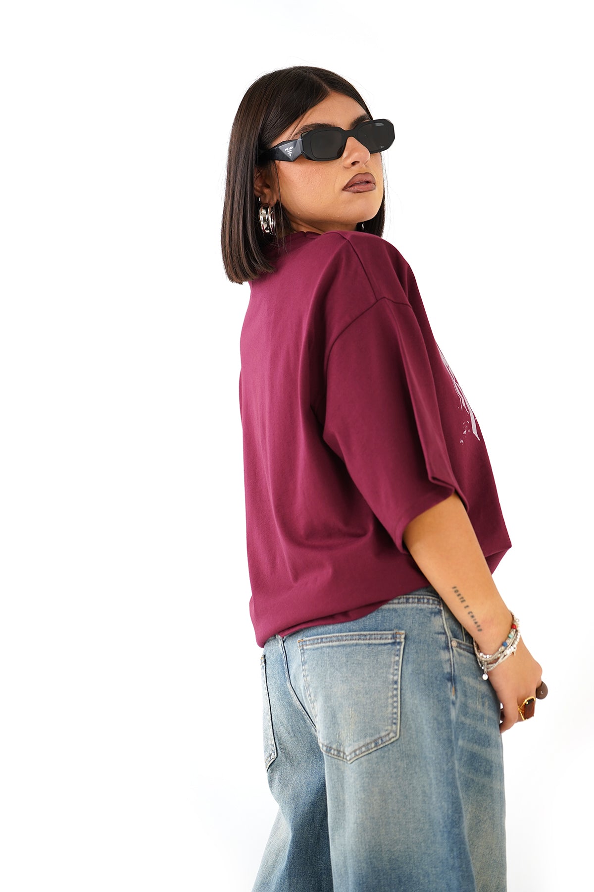 T-SHIRT ROCKSTAR BORDEAUX CON SPALLINE MEZZA MANICA