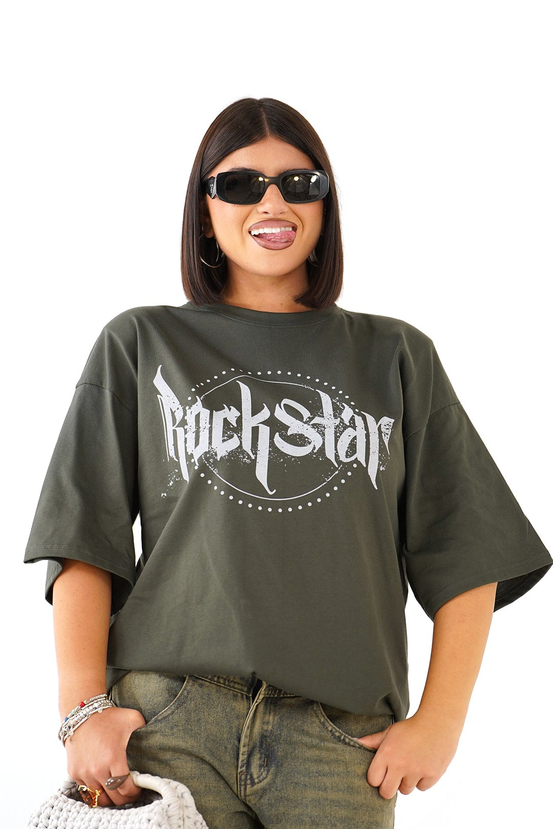 T-SHIRT ROCKSTAR VERDE MILITARE CON SPALLINE MEZZA MANICA
