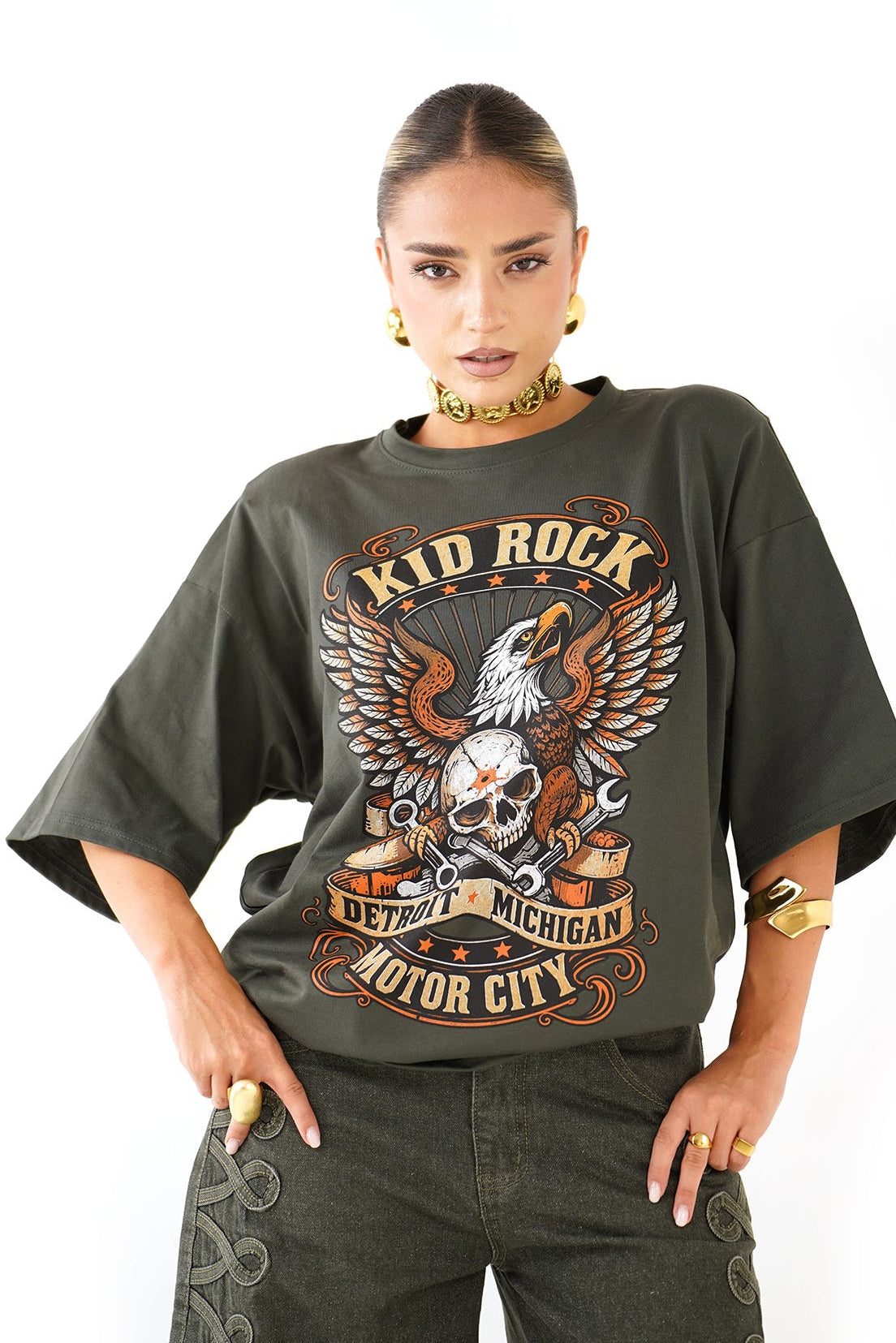 T-SHIRT KID ROCK VERDE MILITARE CON SPALLINE MEZZA MANICA