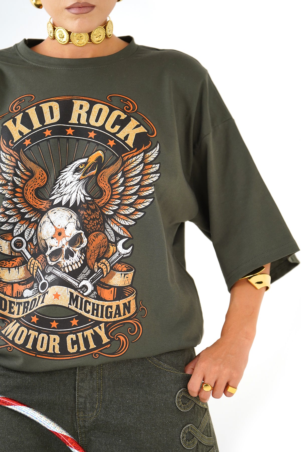 T-SHIRT KID ROCK VERDE MILITARE CON SPALLINE MEZZA MANICA