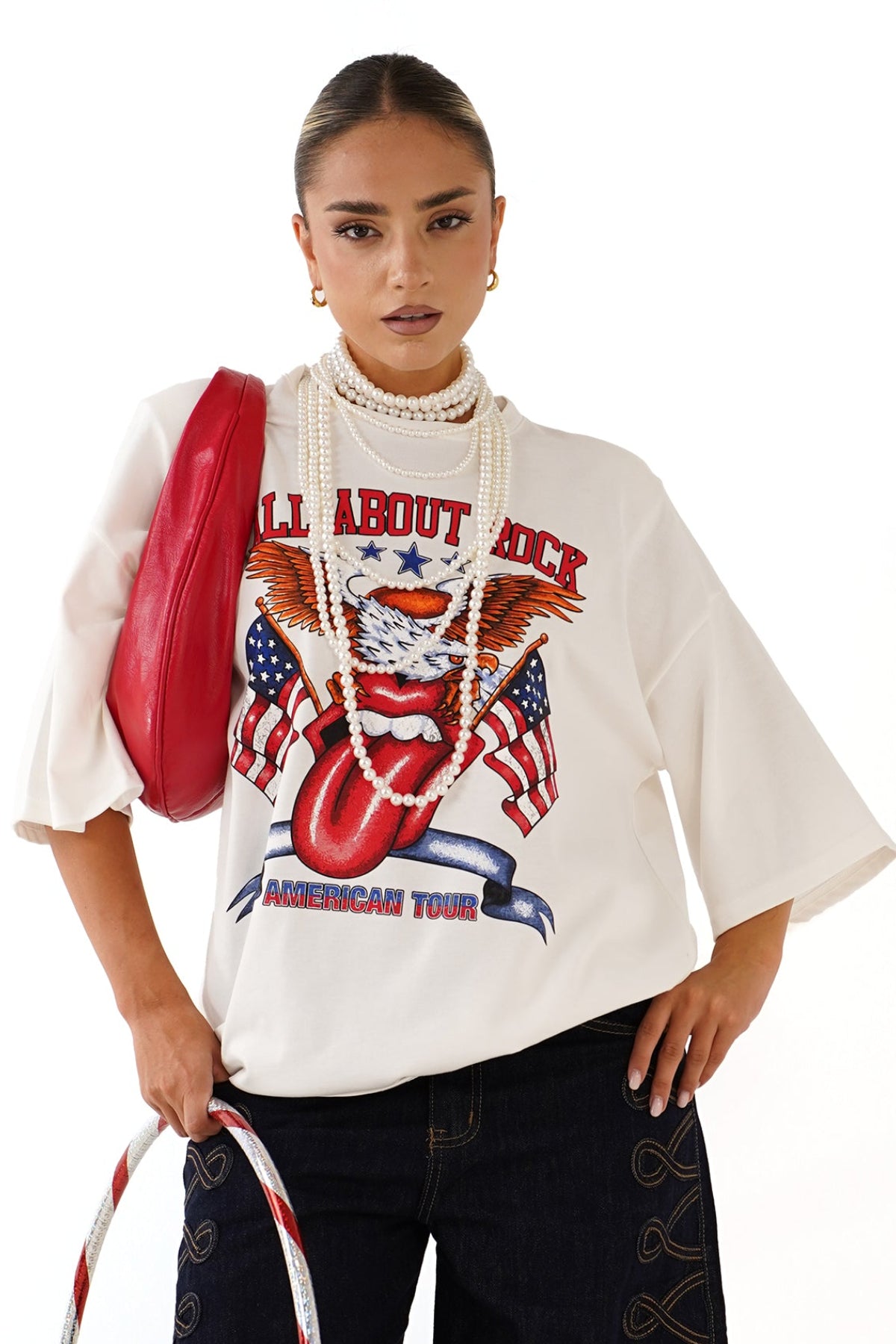 T-SHIRT ALL ABOUT ROCK BIANCA CON SPALLINE MEZZA MANICA