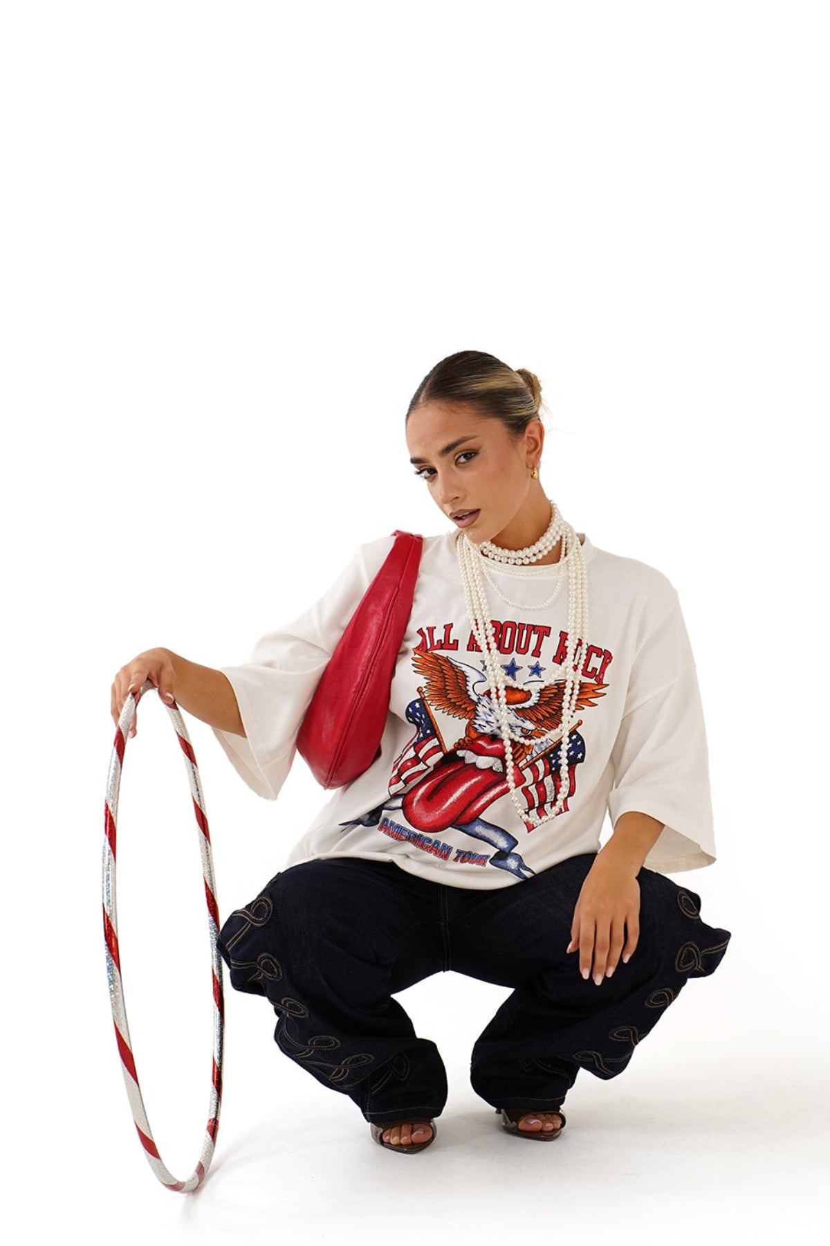 T-SHIRT ALL ABOUT ROCK BIANCA CON SPALLINE MEZZA MANICA