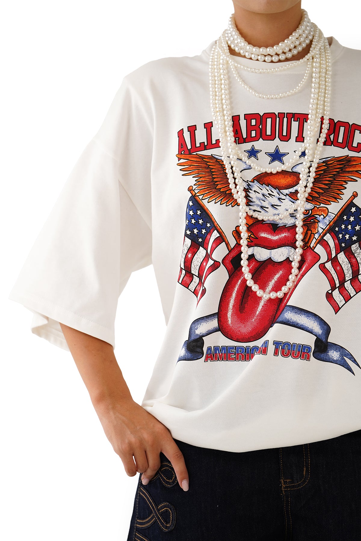 T-SHIRT ALL ABOUT ROCK BIANCA CON SPALLINE MEZZA MANICA