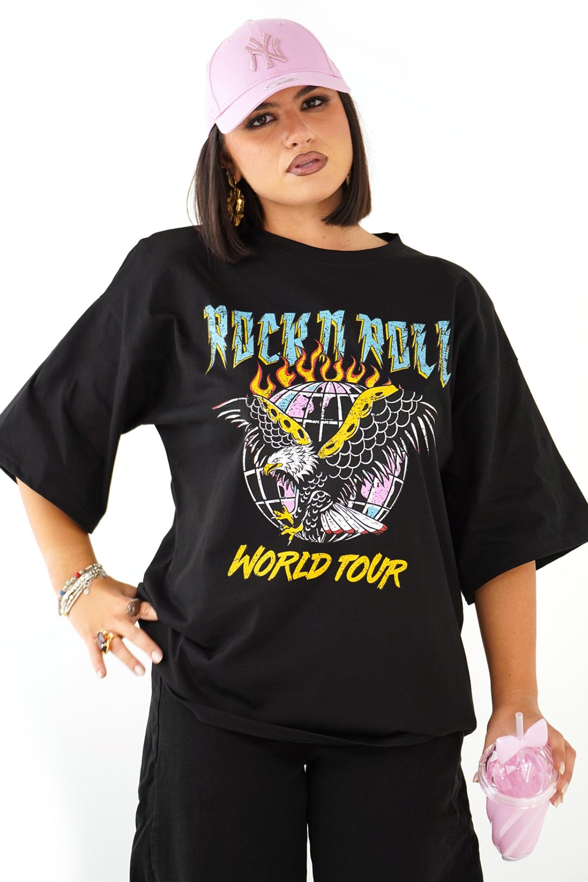 T-SHIRT ROCK N ROLL NERA CON SPALLINE MEZZA MANICA