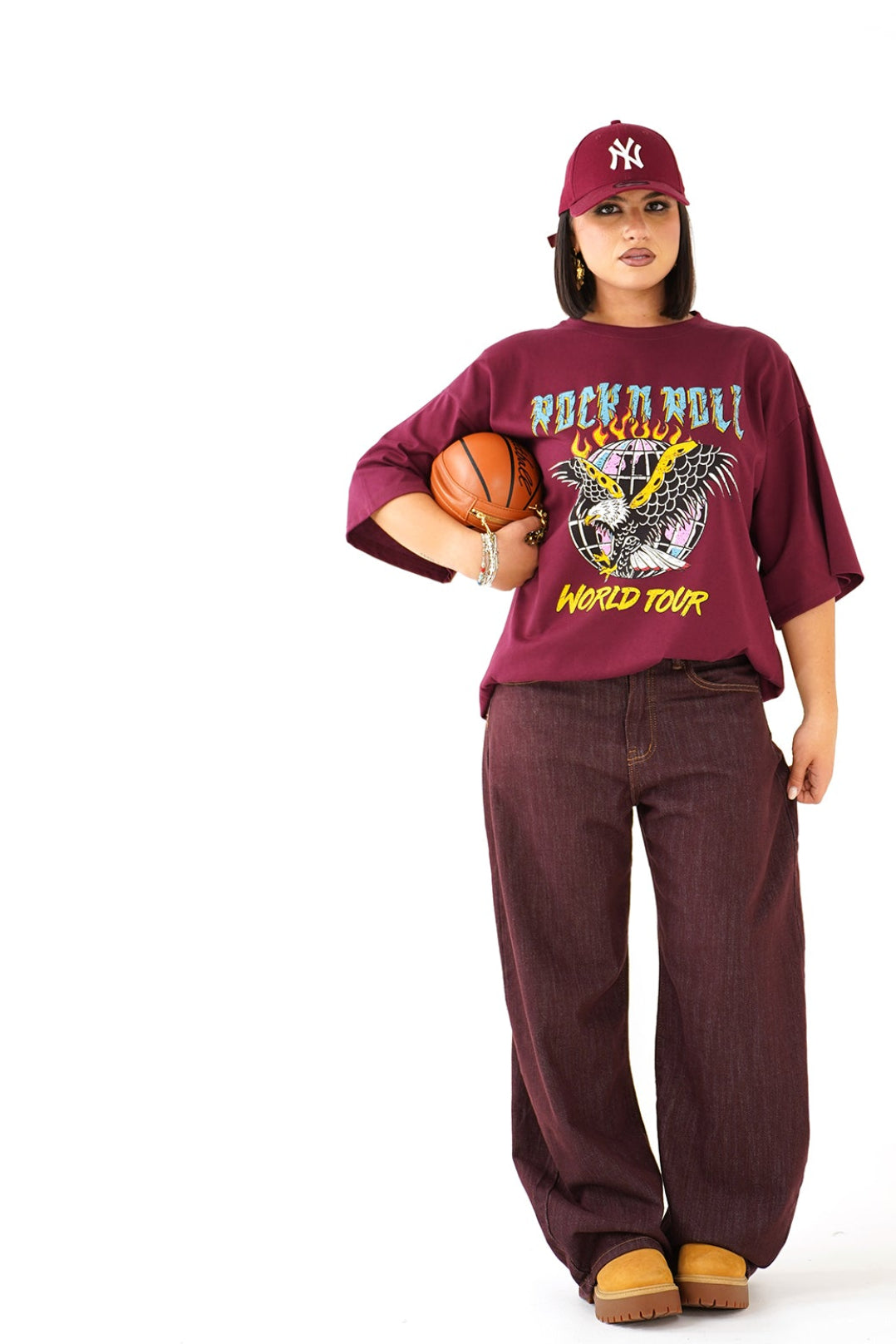 T-SHIRT ROCK N ROLL BORDEAUX CON SPALLINE MEZZA MANICA