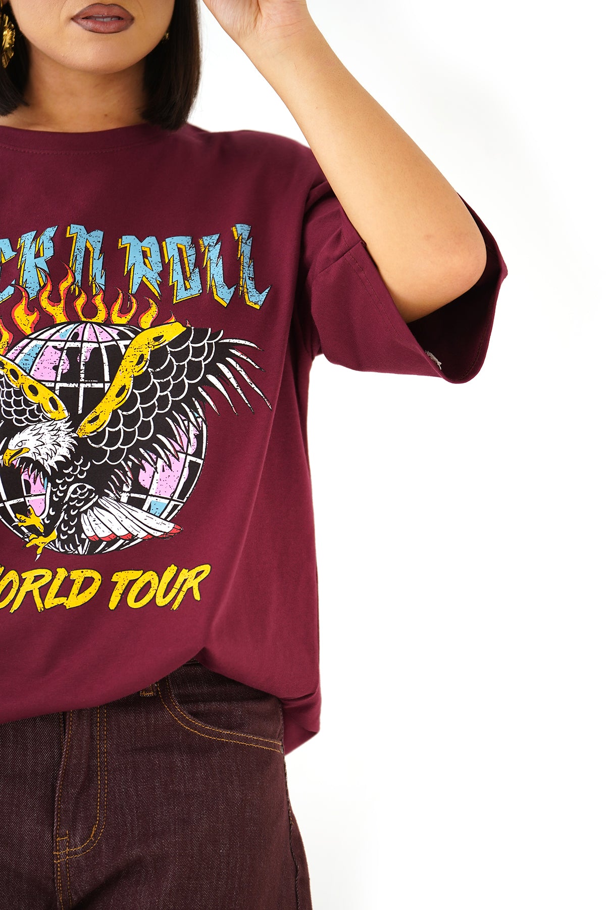 T-SHIRT ROCK N ROLL BORDEAUX CON SPALLINE MEZZA MANICA