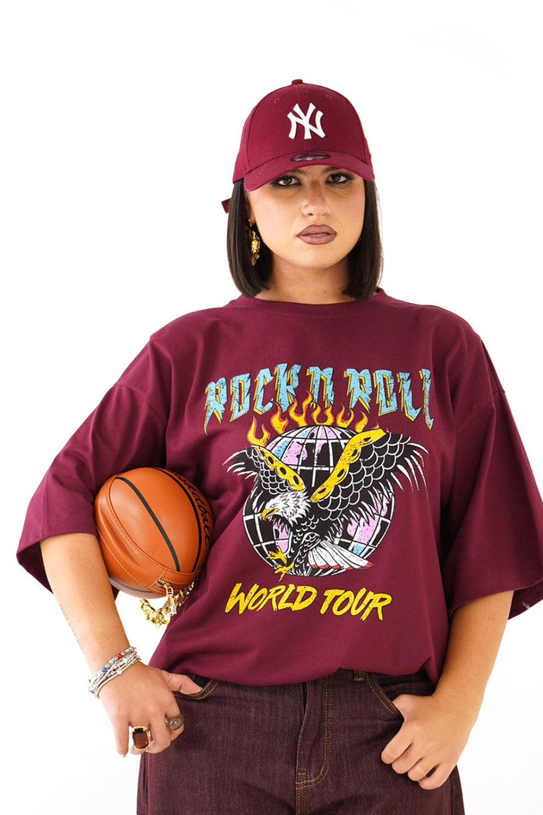 T-SHIRT ROCK N ROLL BORDEAUX CON SPALLINE MEZZA MANICA