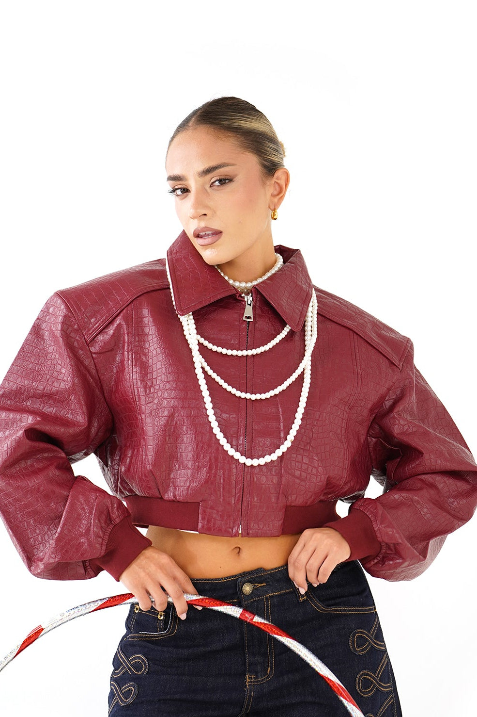 GIUBBOTTO PIPER BORDEAUX CROPPED TRAMA COCCODRILLO