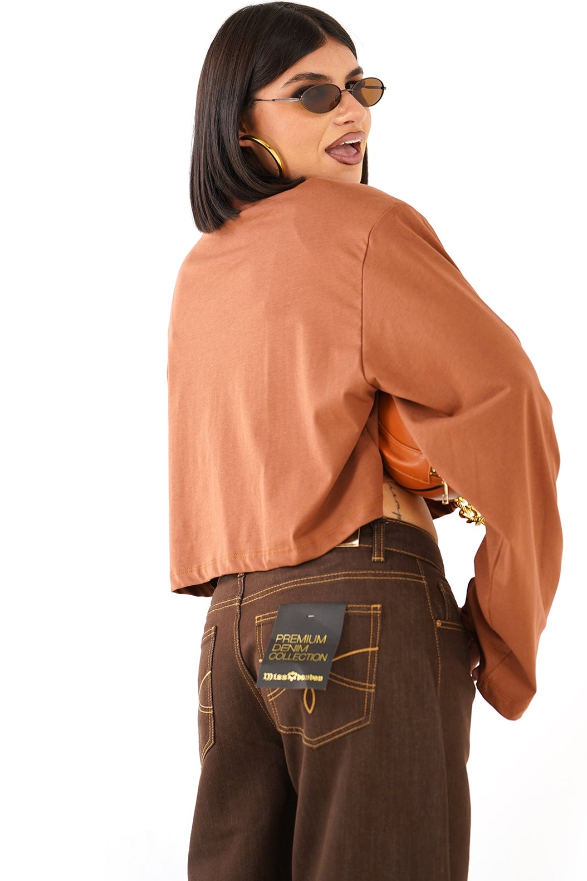 T-SHIRT XENA TERRACOTTA CROPPED MANICHE LUNGHE COLLO ALTO JUSTWEST