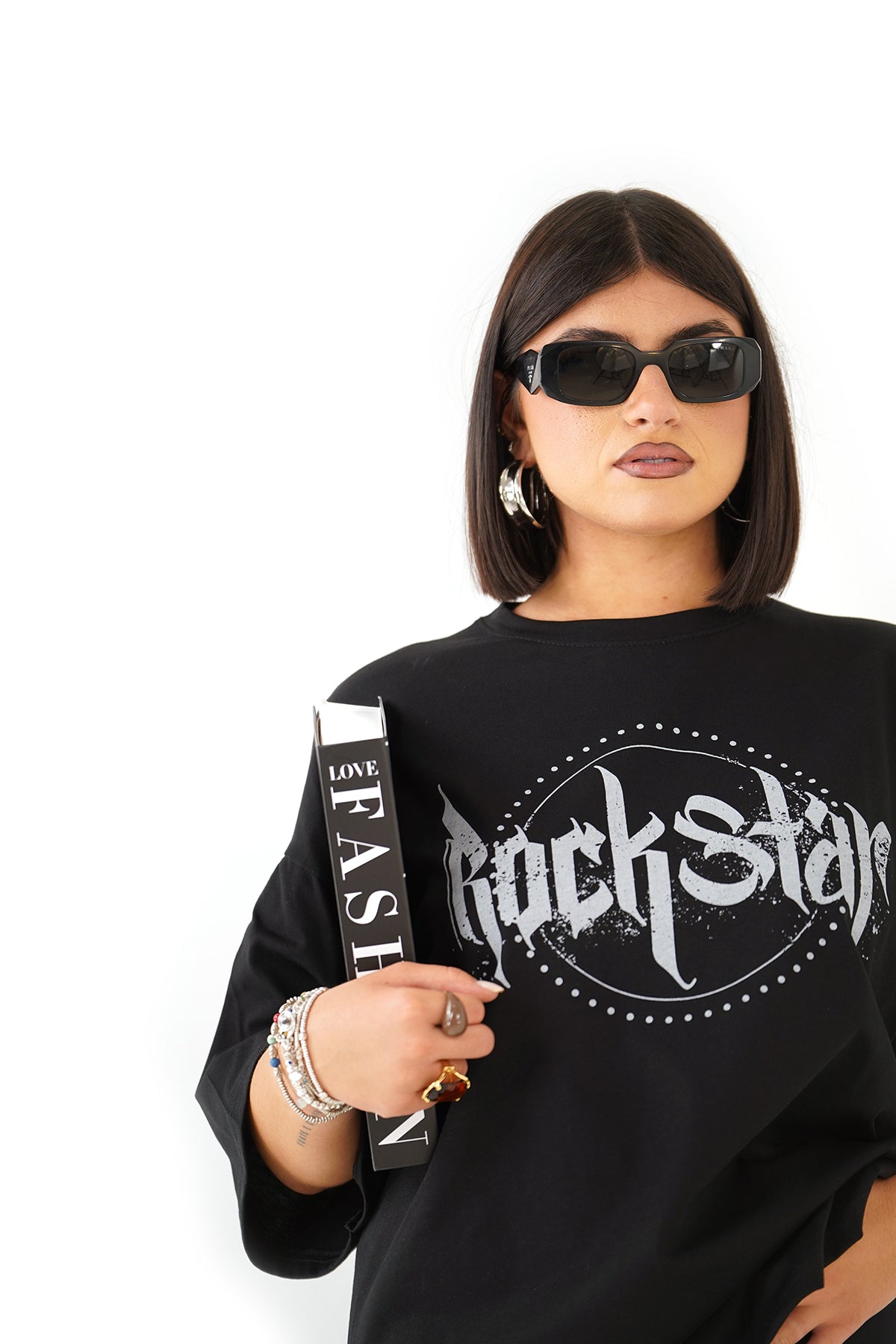 T-SHIRT ROCKSTAR NERO CON SPALLINE MEZZA MANICA
