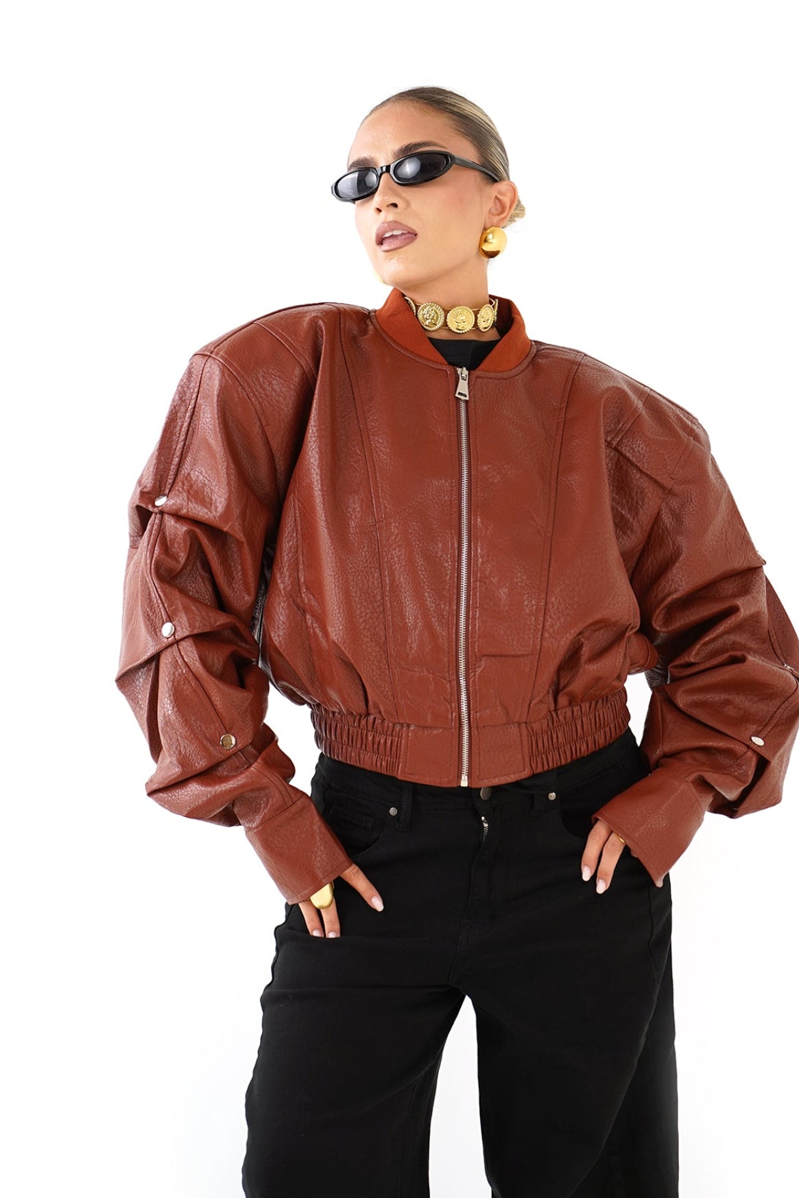 GIUBBOTTO RILEY CROPPED TERRACOTTA IN ECOPELLE MANICHE CON BOTTONI