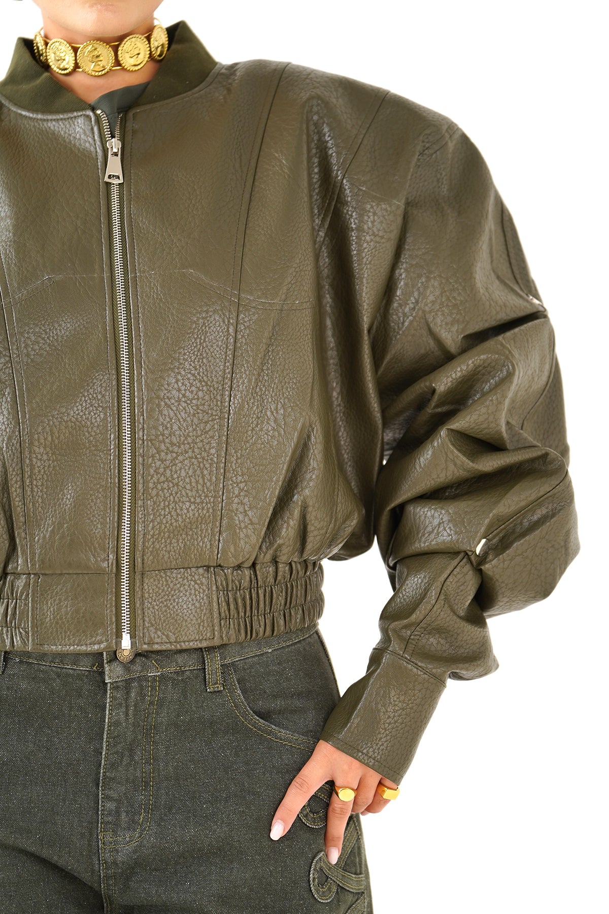 GIUBBOTTO RILEY CROPPED VERDE IN ECOPELLE MANICHE CON BOTTONI